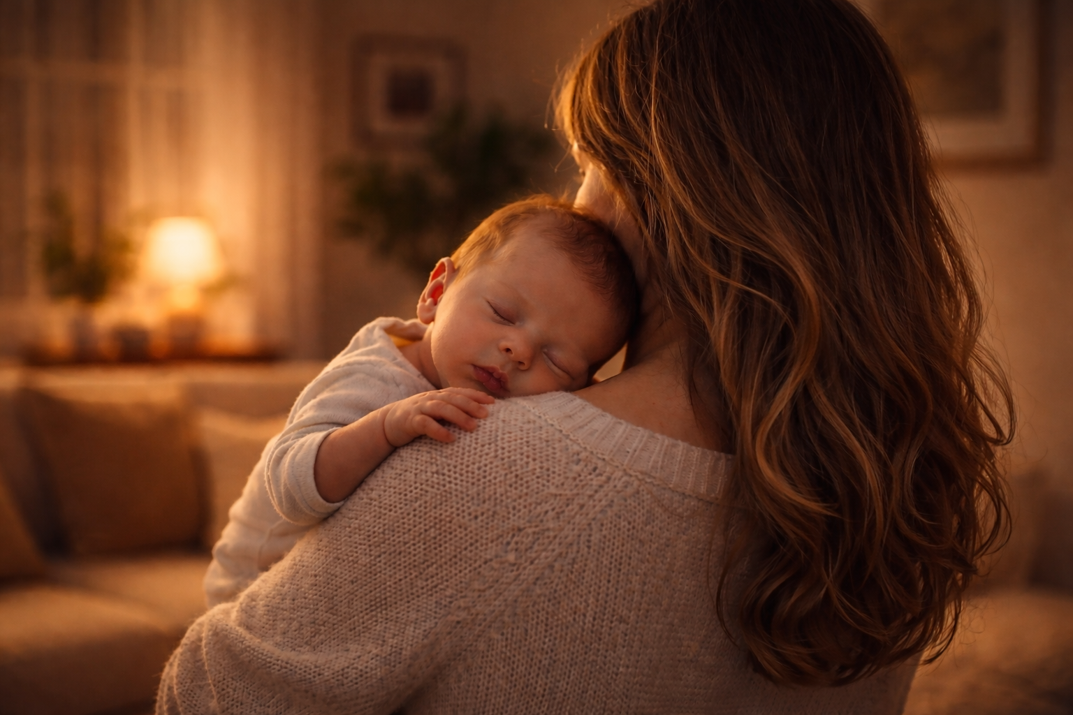 Maman tenant son bébé en fin de journée dans une atmosphère calme