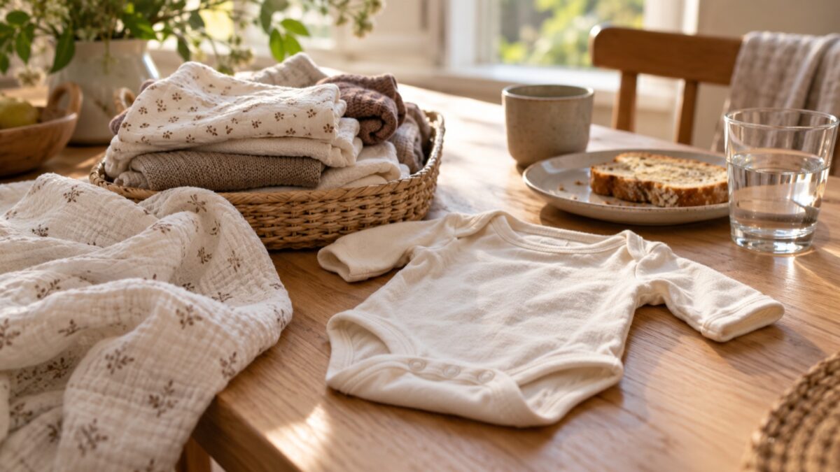 Body de bébé, linge plié et petit-déjeuner sur une table en bois, dans une lumière douce du matin.
